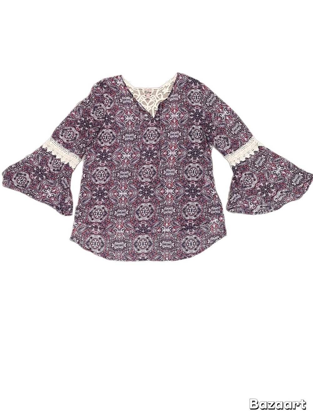 Como Vintage Long Bell Sleeve Sheer & Crochet Blouse Women’s Size Large